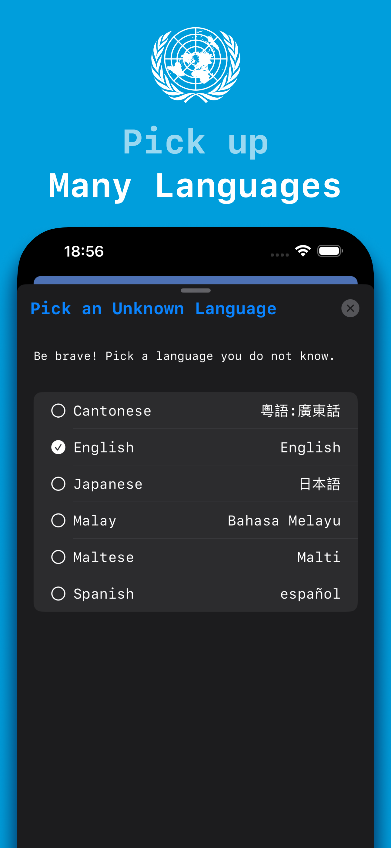 Typing Hero multi-language selector, choose from various languages to practice